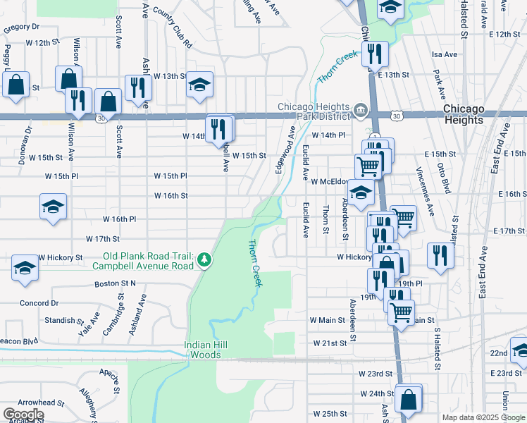 map of restaurants, bars, coffee shops, grocery stores, and more near 1607 Edgewood Avenue in Chicago Heights
