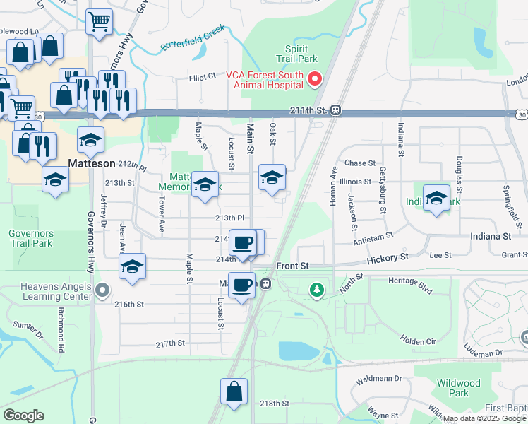 map of restaurants, bars, coffee shops, grocery stores, and more near 21245 Main Street in Matteson