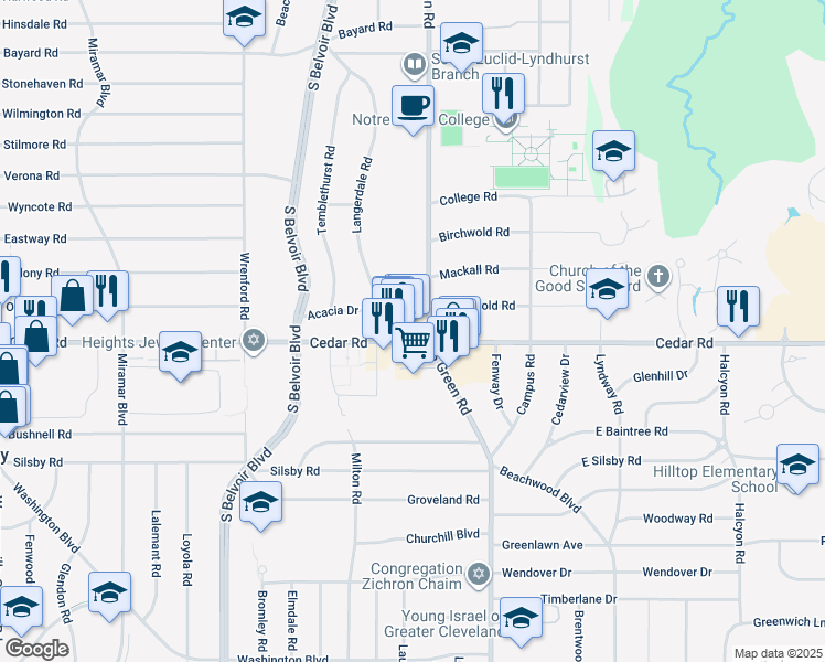 map of restaurants, bars, coffee shops, grocery stores, and more near 4422 Acacia Drive in South Euclid