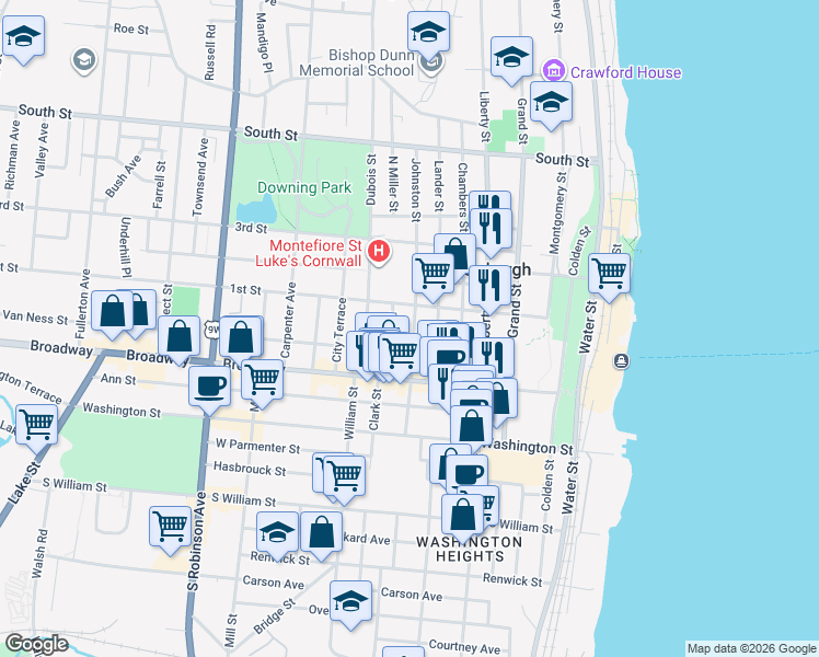 map of restaurants, bars, coffee shops, grocery stores, and more near 39 Johnston Street in Newburgh