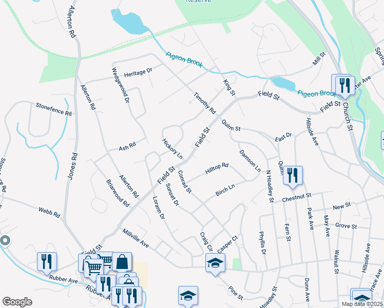map of restaurants, bars, coffee shops, grocery stores, and more near 419 Field Street in Naugatuck