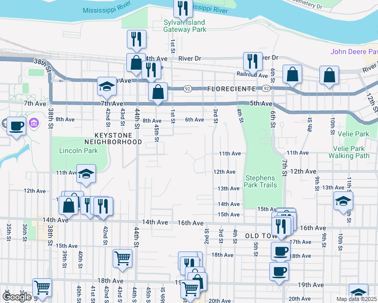 map of restaurants, bars, coffee shops, grocery stores, and more near 1006 2nd Street Court in Moline