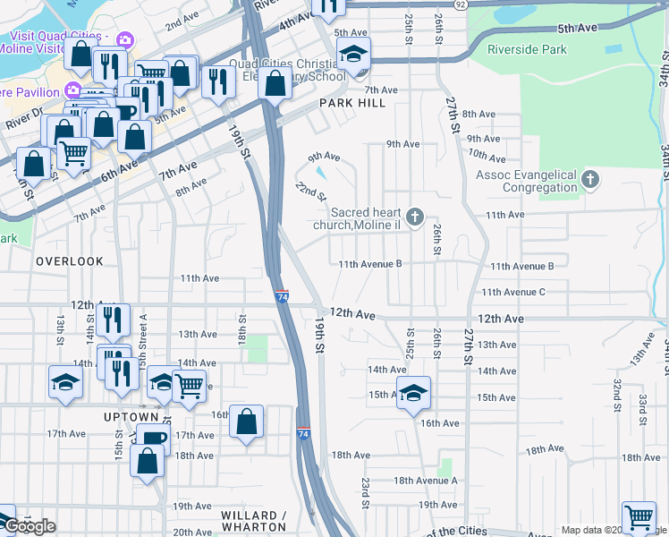 map of restaurants, bars, coffee shops, grocery stores, and more near 1944 11th Avenue B in Moline