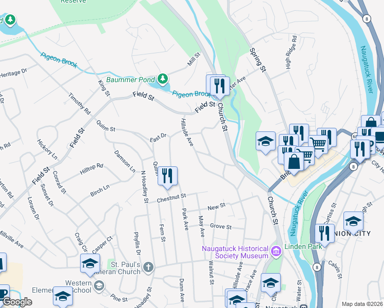 map of restaurants, bars, coffee shops, grocery stores, and more near 524 Hillside Avenue in Naugatuck