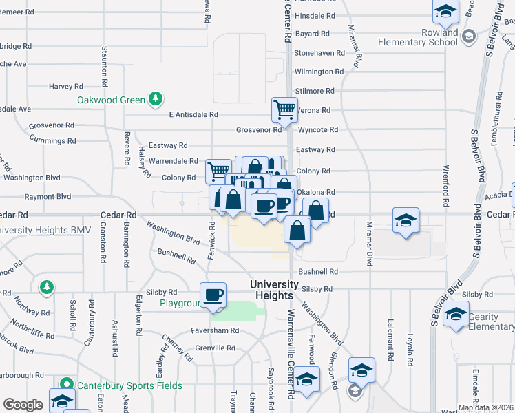 map of restaurants, bars, coffee shops, grocery stores, and more near 13939 Cedar Road in South Euclid