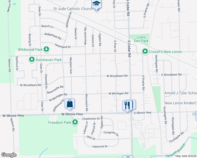 map of restaurants, bars, coffee shops, grocery stores, and more near 300 West Woodlawn Road in New Lenox