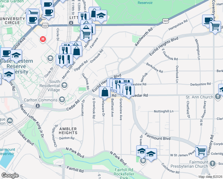 map of restaurants, bars, coffee shops, grocery stores, and more near 2105 Lennox Road in Cleveland Heights