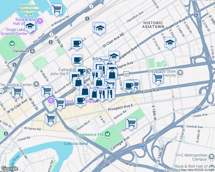 map of restaurants, bars, coffee shops, grocery stores, and more near 1120 Chester Avenue in Cleveland
