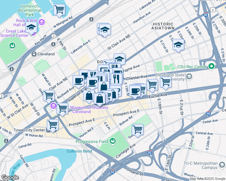map of restaurants, bars, coffee shops, grocery stores, and more near 1717 East 12th Street in Cleveland