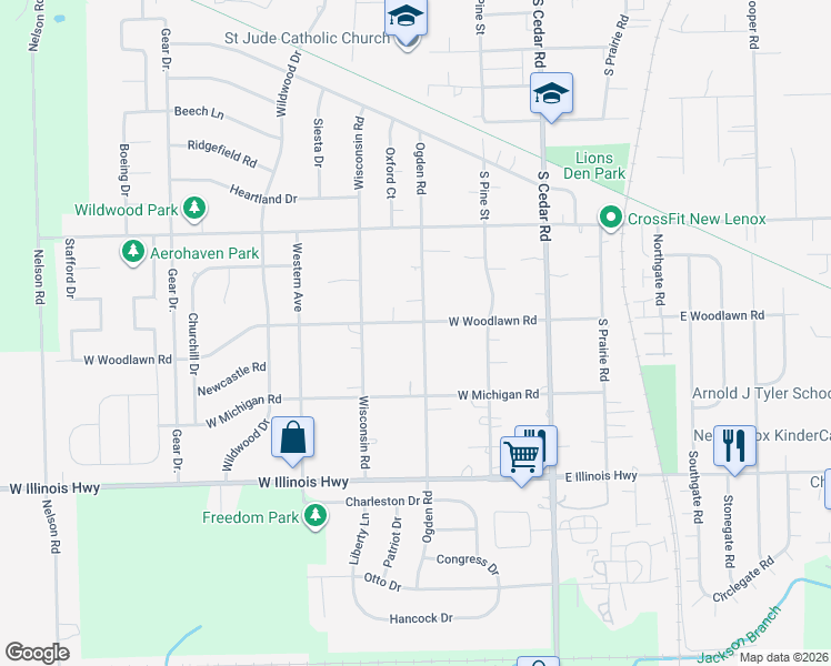 map of restaurants, bars, coffee shops, grocery stores, and more near 300 West Woodlawn Road in New Lenox