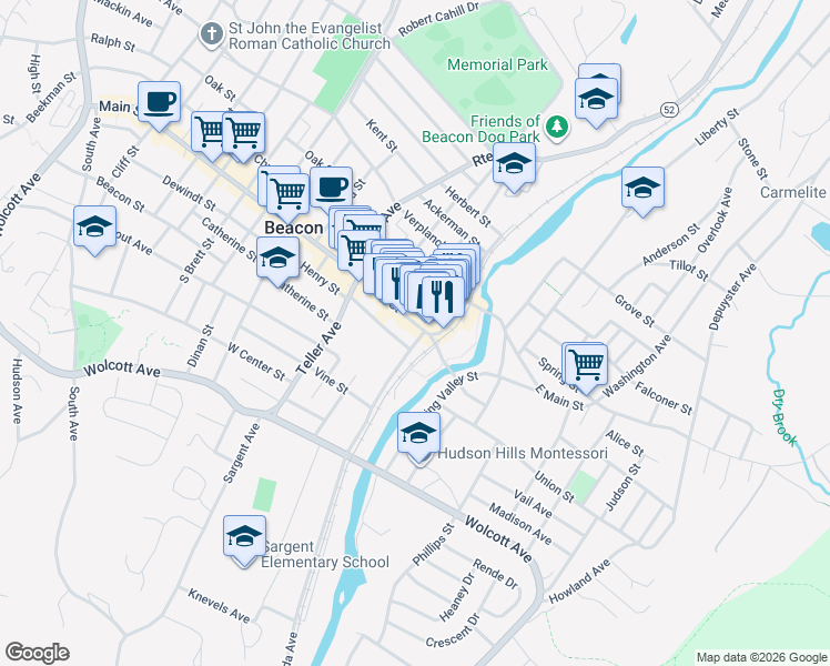 map of restaurants, bars, coffee shops, grocery stores, and more near 477 Main Street in Beacon