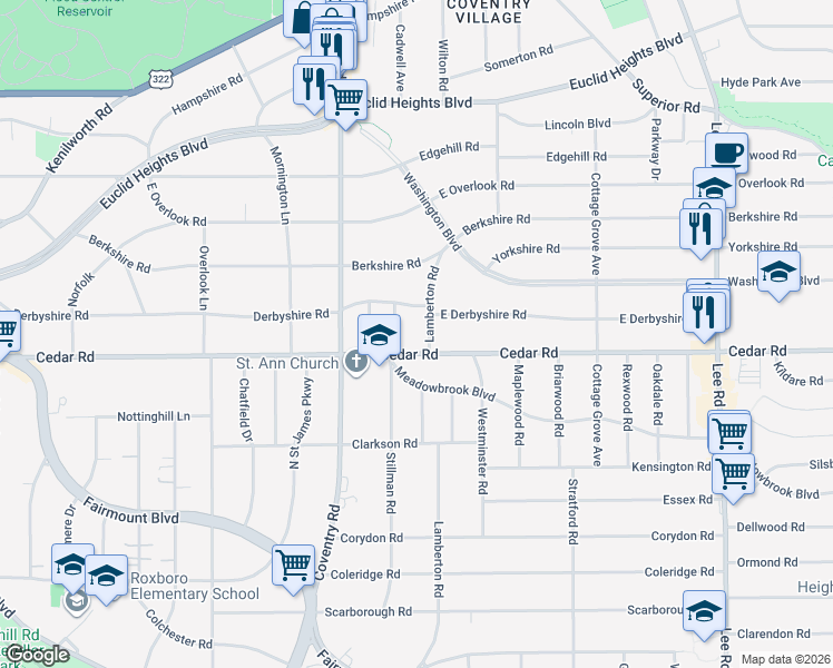 map of restaurants, bars, coffee shops, grocery stores, and more near 2113 Stillman Road in Cleveland Heights