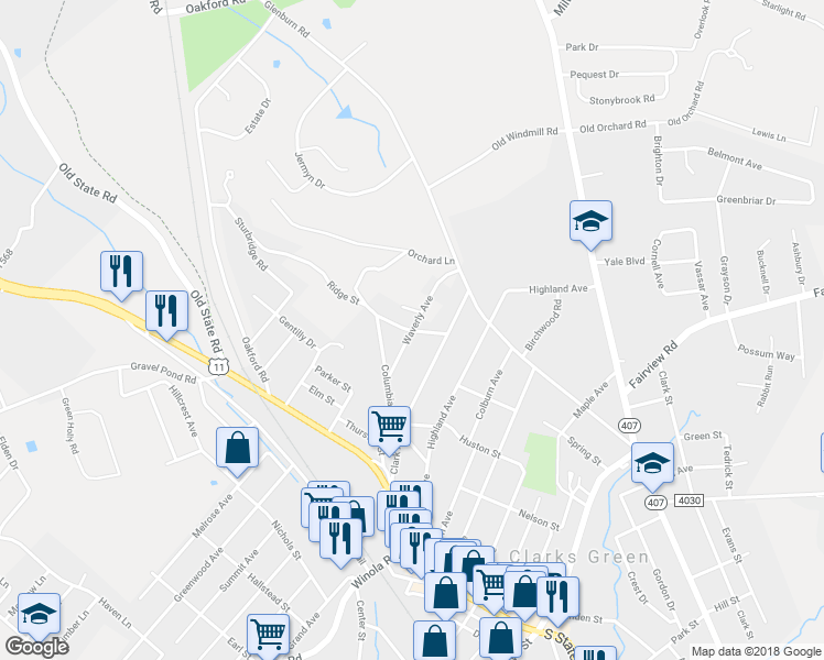 map of restaurants, bars, coffee shops, grocery stores, and more near 200 Ridge Street in Clarks Summit