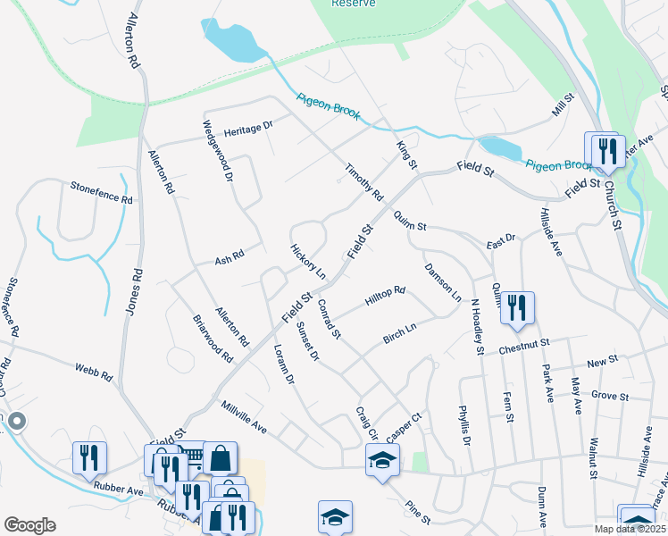 map of restaurants, bars, coffee shops, grocery stores, and more near 419 Field Street in Naugatuck