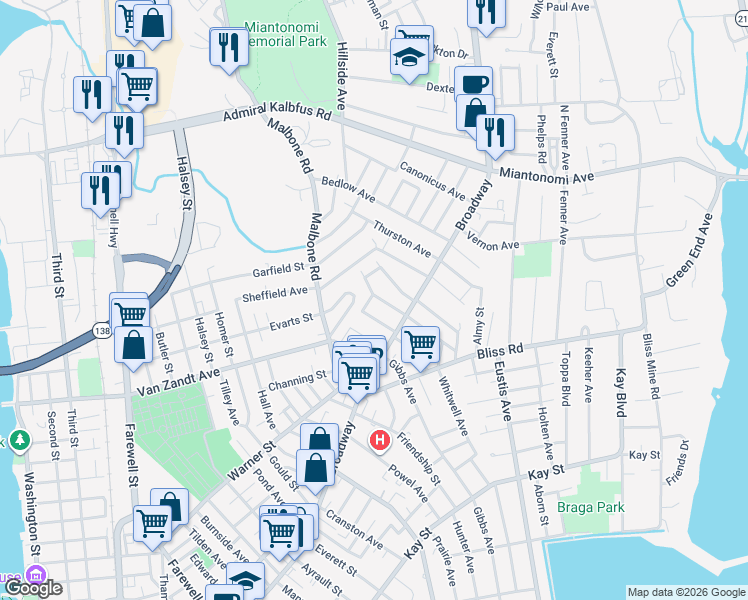 map of restaurants, bars, coffee shops, grocery stores, and more near 12 Mumford Avenue in Newport