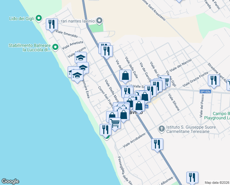 map of restaurants, bars, coffee shops, grocery stores, and more near 135 Via Ardeatina in Anzio
