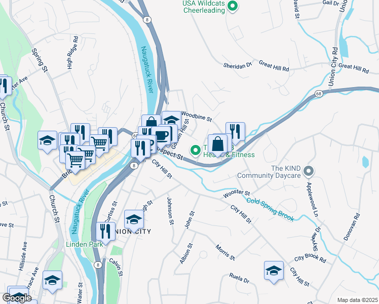 map of restaurants, bars, coffee shops, grocery stores, and more near 100 Prospect Street in Naugatuck
