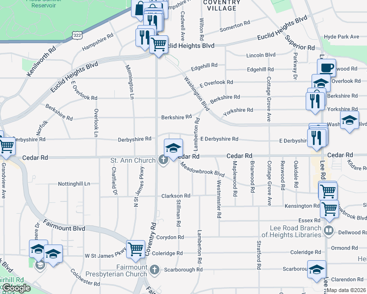 map of restaurants, bars, coffee shops, grocery stores, and more near 2113 Stillman Road in Cleveland Heights