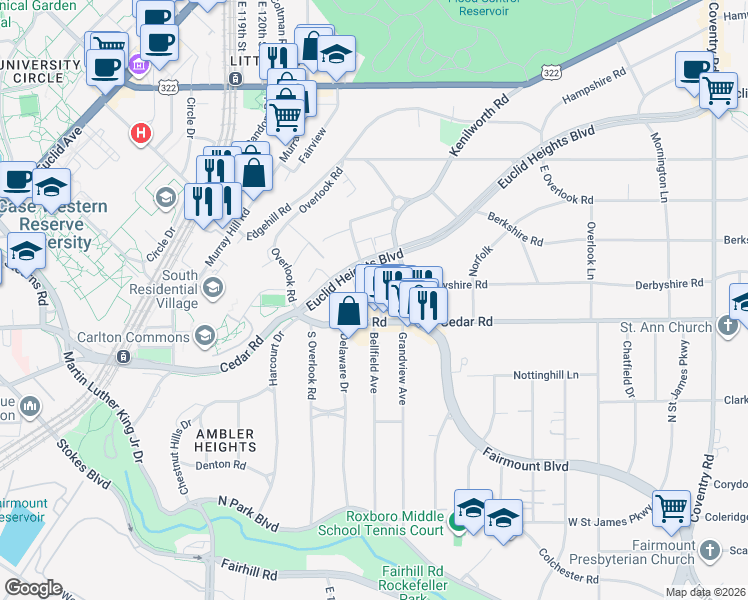 map of restaurants, bars, coffee shops, grocery stores, and more near 2105 Lennox Road in Cleveland Heights