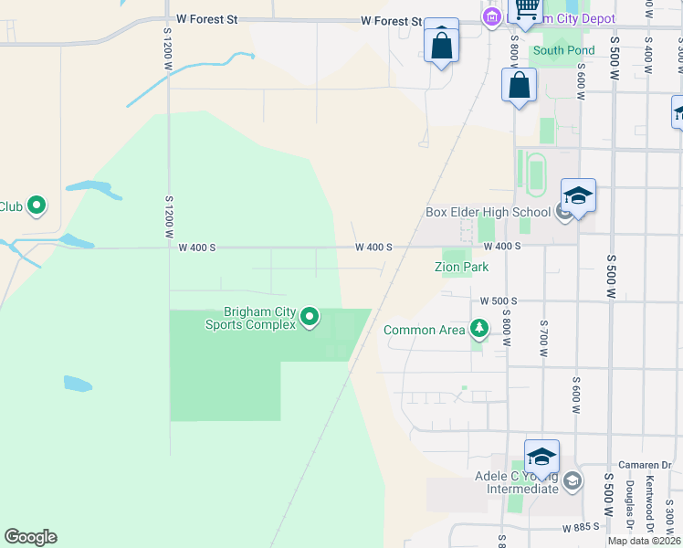 map of restaurants, bars, coffee shops, grocery stores, and more near West 400 South in Brigham City