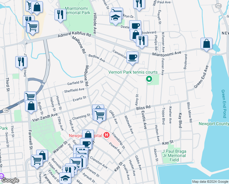 map of restaurants, bars, coffee shops, grocery stores, and more near 6 Greene Lane in Newport