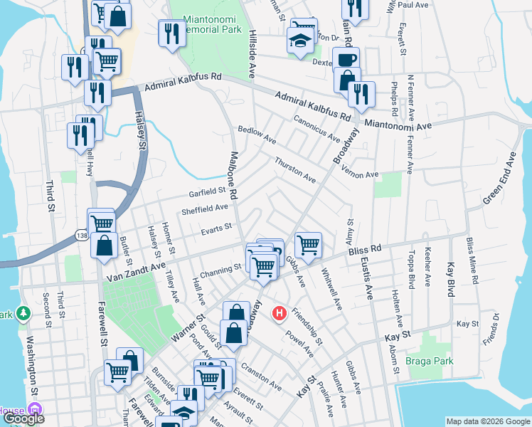 map of restaurants, bars, coffee shops, grocery stores, and more near 14 Madeline Drive in Newport