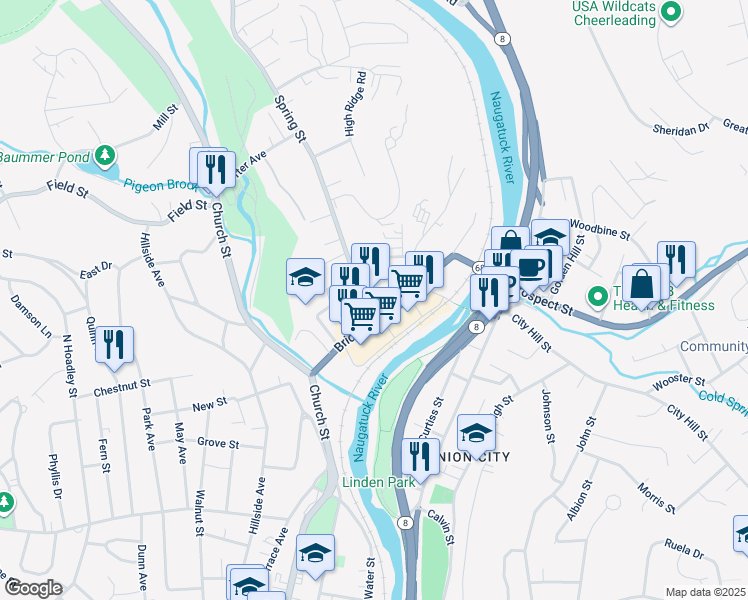 map of restaurants, bars, coffee shops, grocery stores, and more near 96 Spring Street in Naugatuck