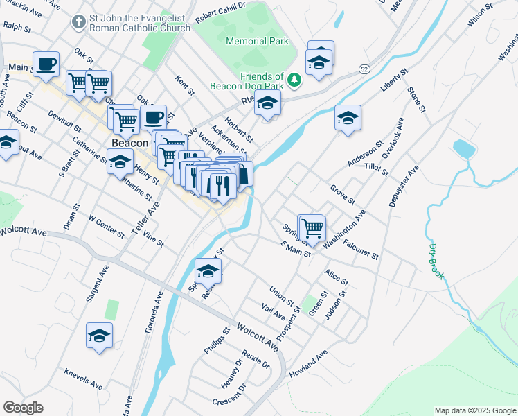 map of restaurants, bars, coffee shops, grocery stores, and more near 19 East Main Street in Beacon