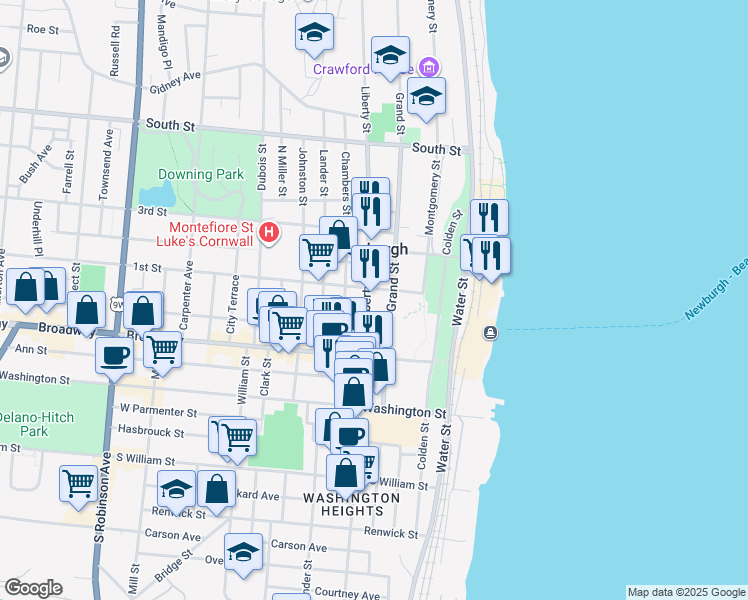 map of restaurants, bars, coffee shops, grocery stores, and more near 109 1st Street in Newburgh
