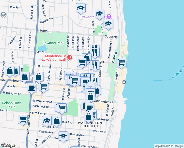 map of restaurants, bars, coffee shops, grocery stores, and more near 50 Chambers Street in Newburgh