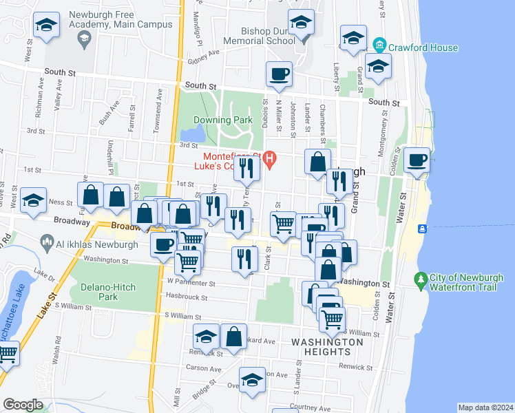 map of restaurants, bars, coffee shops, grocery stores, and more near 42 City Terrace in Newburgh