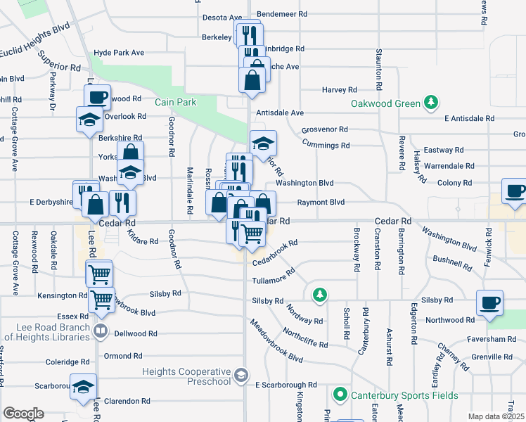 map of restaurants, bars, coffee shops, grocery stores, and more near 3478 Raymont Boulevard in University Heights