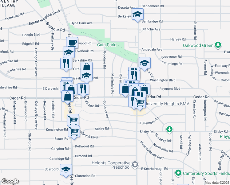 map of restaurants, bars, coffee shops, grocery stores, and more near 2120 Marlindale Road in Cleveland Heights