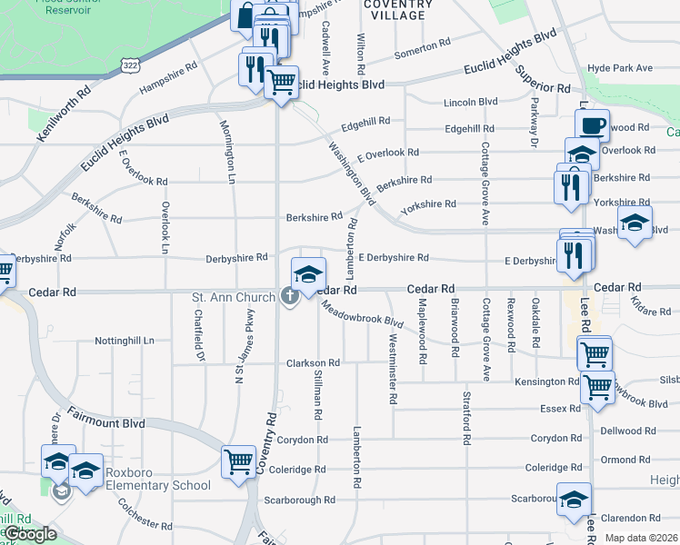 map of restaurants, bars, coffee shops, grocery stores, and more near 2113 Stillman Road in Cleveland Heights