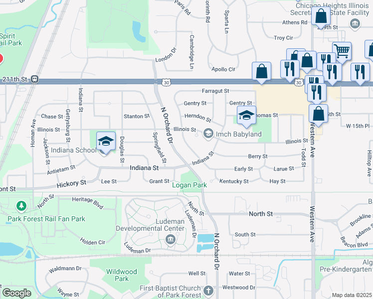 map of restaurants, bars, coffee shops, grocery stores, and more near 314 New Salem Street in Park Forest