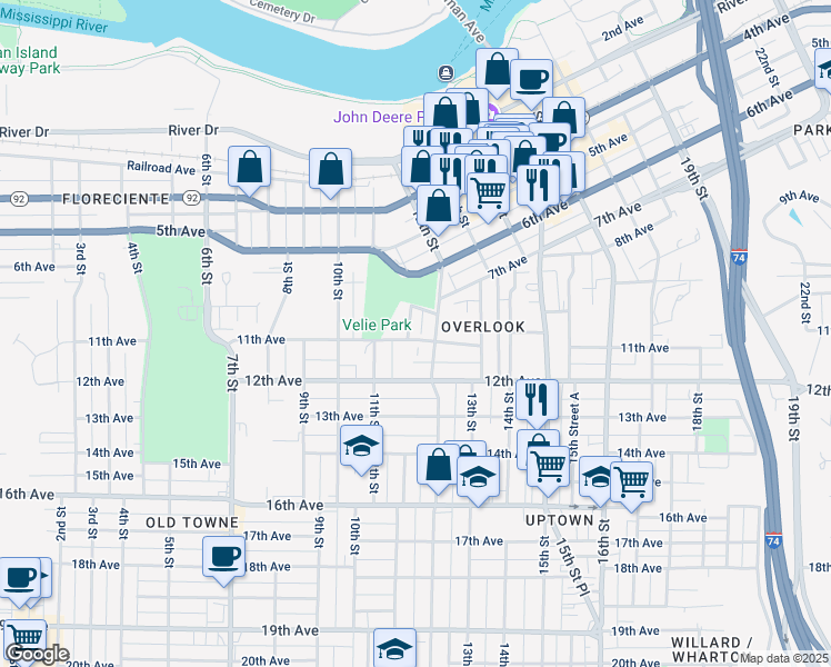 map of restaurants, bars, coffee shops, grocery stores, and more near 720 11th Street A in Moline