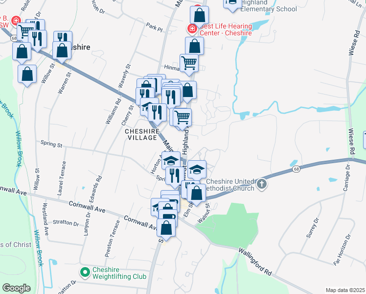 map of restaurants, bars, coffee shops, grocery stores, and more near 111 Highland Avenue in Cheshire
