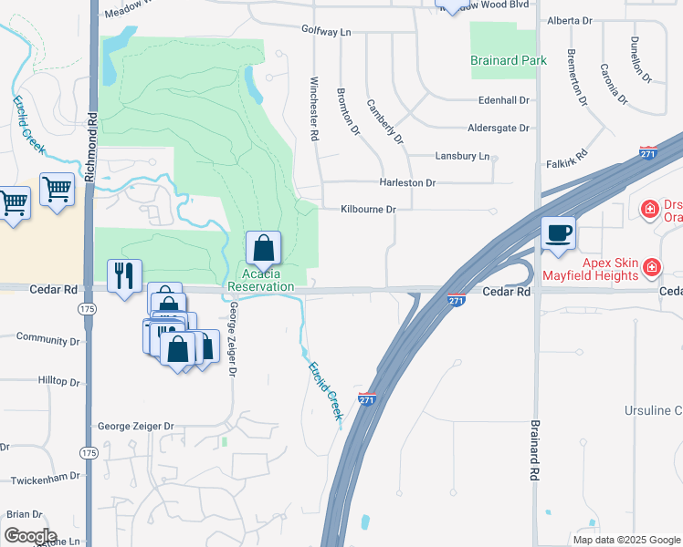 map of restaurants, bars, coffee shops, grocery stores, and more near 2202 Acacia Park Drive in Lyndhurst