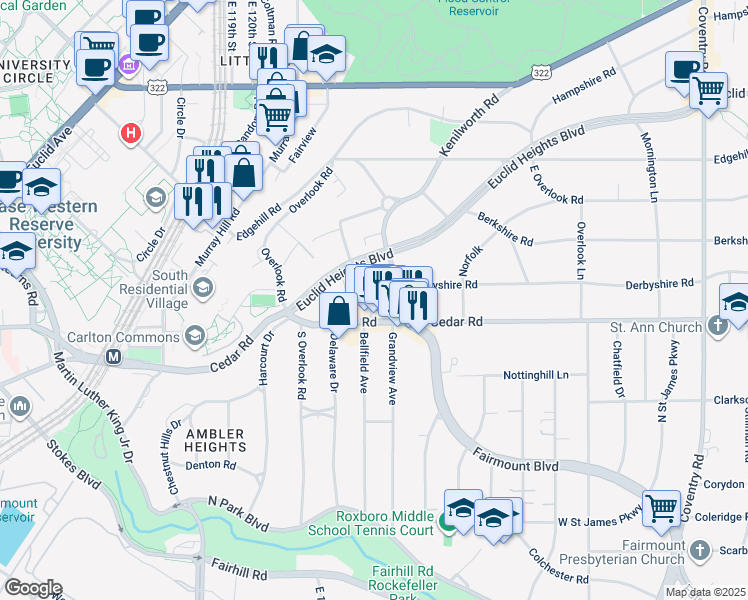 map of restaurants, bars, coffee shops, grocery stores, and more near 2105 Lennox Road in Cleveland Heights