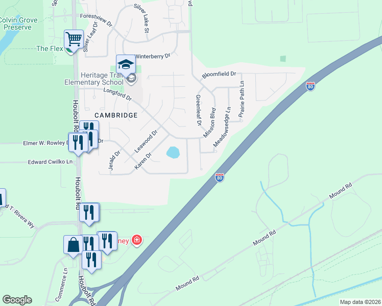 map of restaurants, bars, coffee shops, grocery stores, and more near 1100 Cathy Drive in Joliet
