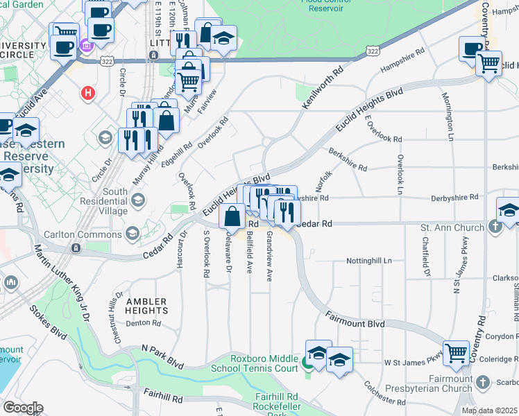 map of restaurants, bars, coffee shops, grocery stores, and more near 2105 Lennox Road in Cleveland Heights