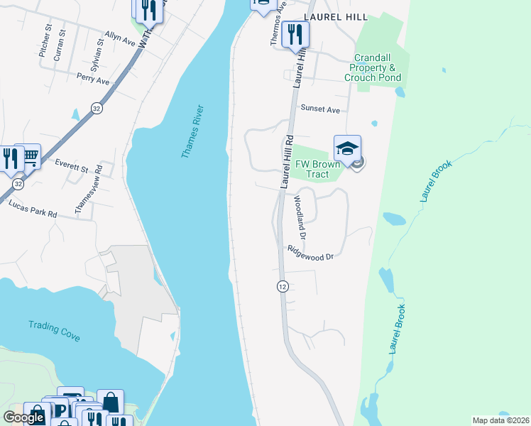 map of restaurants, bars, coffee shops, grocery stores, and more near 555 Laurel Hill Road in Norwich