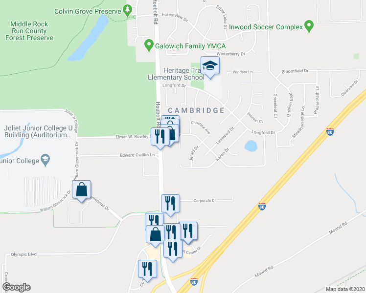map of restaurants, bars, coffee shops, grocery stores, and more near 1108 Loren Drive in Joliet