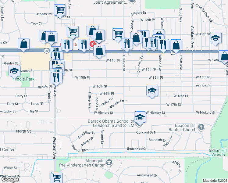 map of restaurants, bars, coffee shops, grocery stores, and more near 547 West 16th Place in Chicago Heights