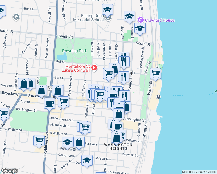 map of restaurants, bars, coffee shops, grocery stores, and more near 46 Lander Street in Newburgh