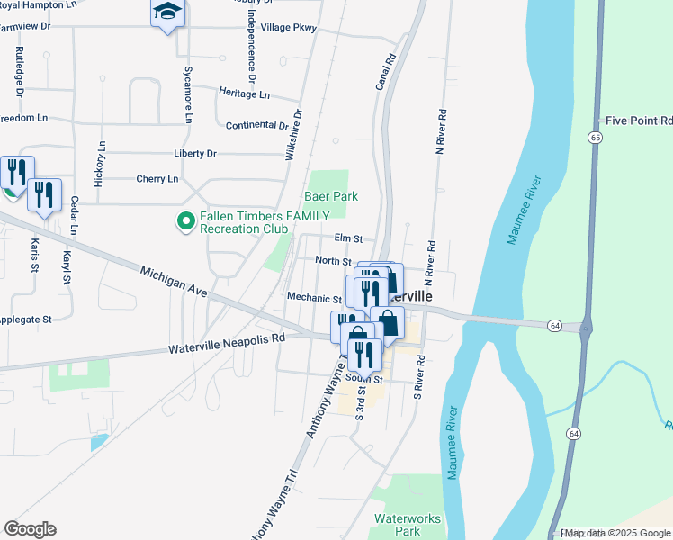 map of restaurants, bars, coffee shops, grocery stores, and more near 133 North 4th Street in Waterville