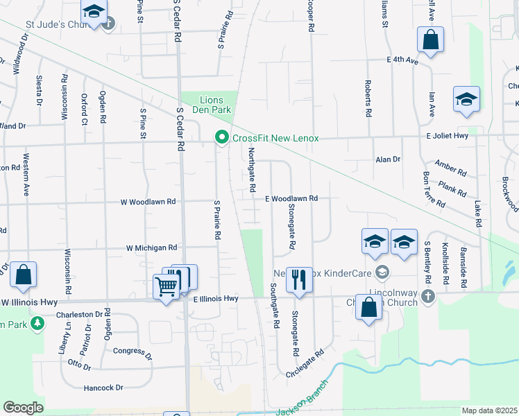 map of restaurants, bars, coffee shops, grocery stores, and more near 218 East Woodlawn Road in New Lenox