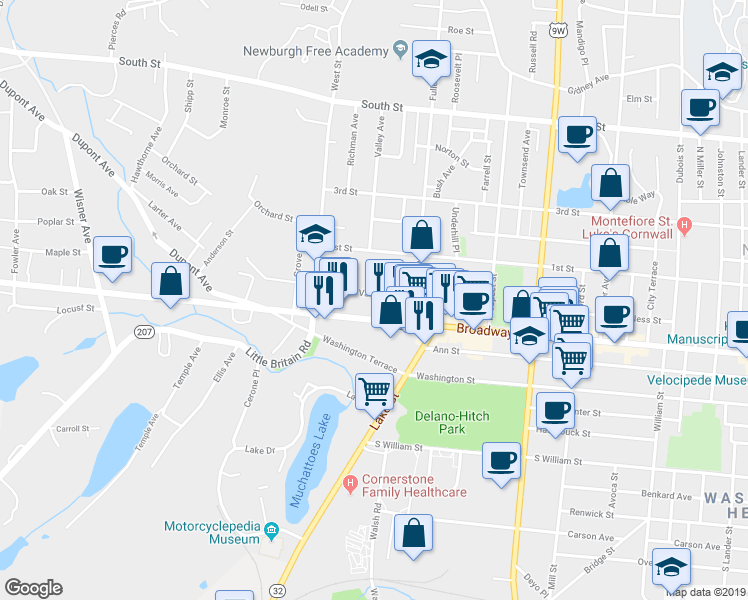 map of restaurants, bars, coffee shops, grocery stores, and more near 245 Van Ness Street in Newburgh
