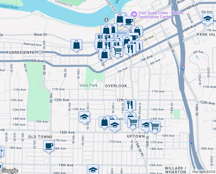 map of restaurants, bars, coffee shops, grocery stores, and more near 1217 11th Avenue in Moline