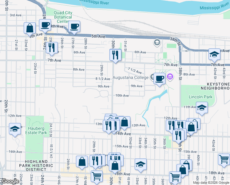 map of restaurants, bars, coffee shops, grocery stores, and more near 915 30th Street in Rock Island